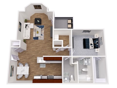 Floor plan for 1 bed, 1.5 baths, 885 sqft